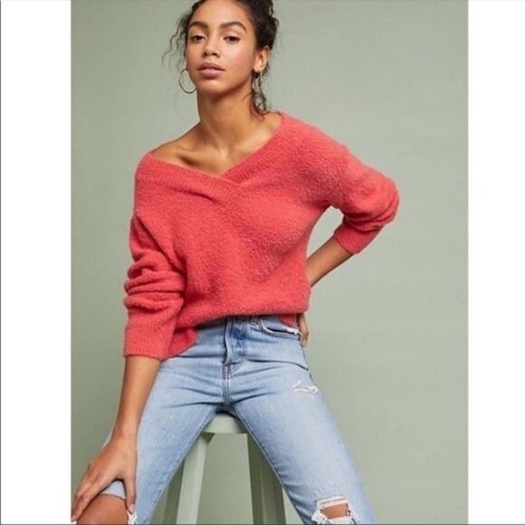 NWT Anthropologie Clayton Wool Blend Teddy V Neck Sweater Women’s XXS Rose Pink - Picture 1 of 9